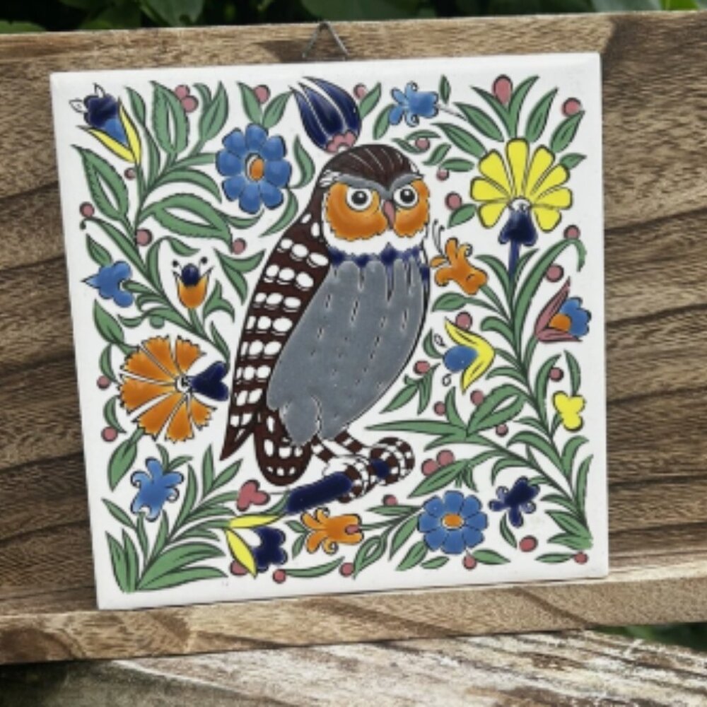 Vintage Hand Made 6" Greece Ceramic Tile OWL Wall Hanging Greek Mythology Athena